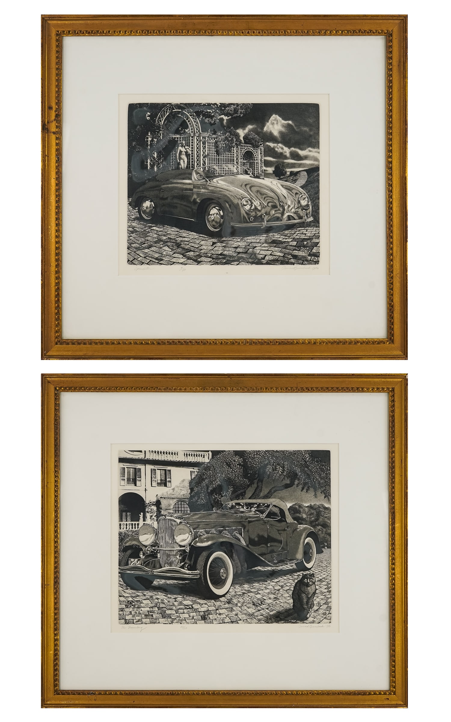 David Bumbeck (VT 1940-) Two Automotive Aquatints: David Bumbeck (Vermont 1940-) Duesenberg 12.5 x 15.5" 25 x 27" as framed and Speedster 10.5 x 12.5" 23 x 25" as framed. Sold to benefit Burlington City Arts. Trained in the 1960s, Bumbeck holds a bach
