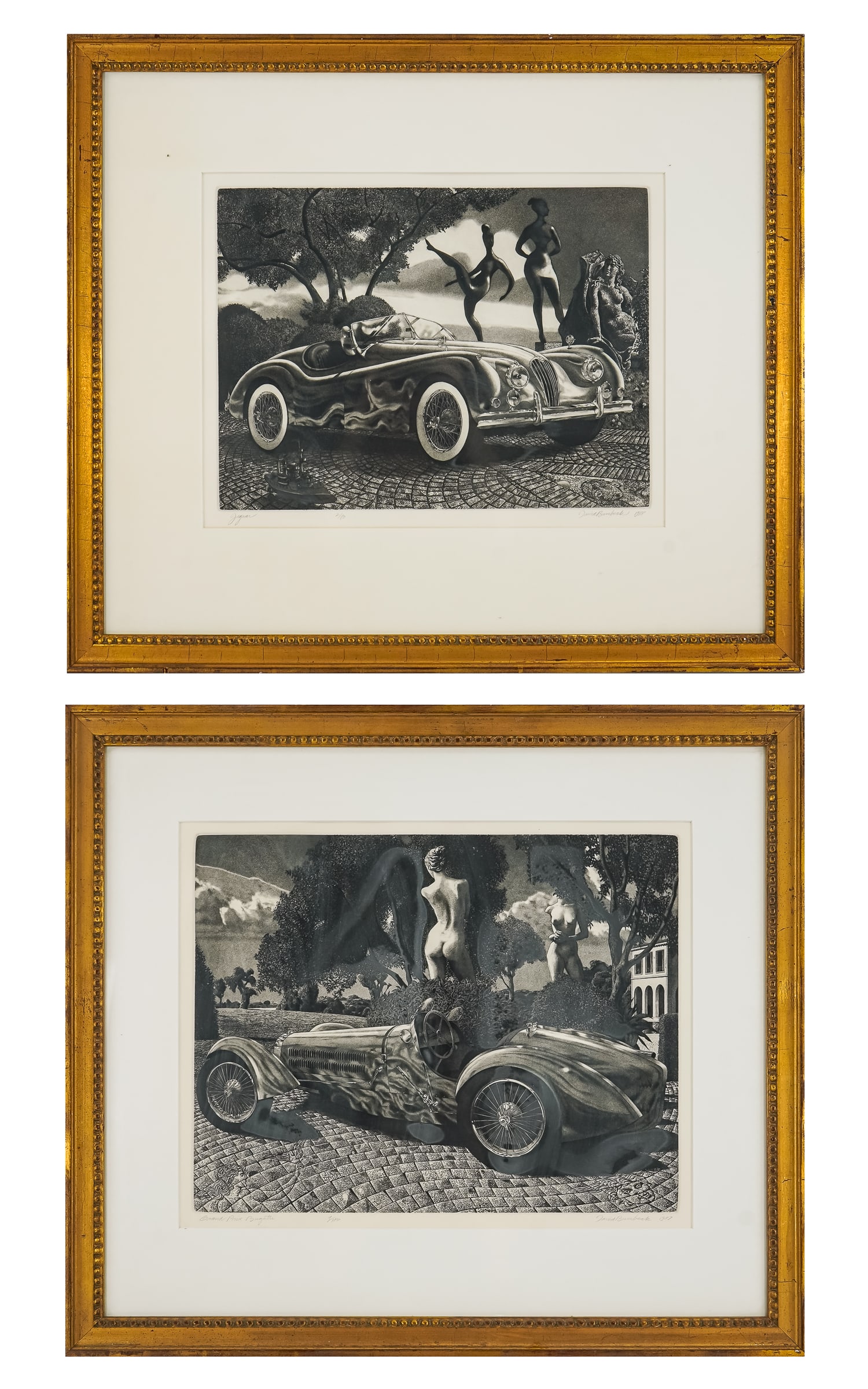 David Bumbeck (VT 1940-) Two Automotive Aquatints: David Bumbeck (Vermont 1940-) Two Automotive Aquatints Grand Prix Bugatti and Jaguar - editioned and signed by the artist lower margin- 12 x 18" 24 x 27" as framed. Sold To Benefit Burlington City Art
