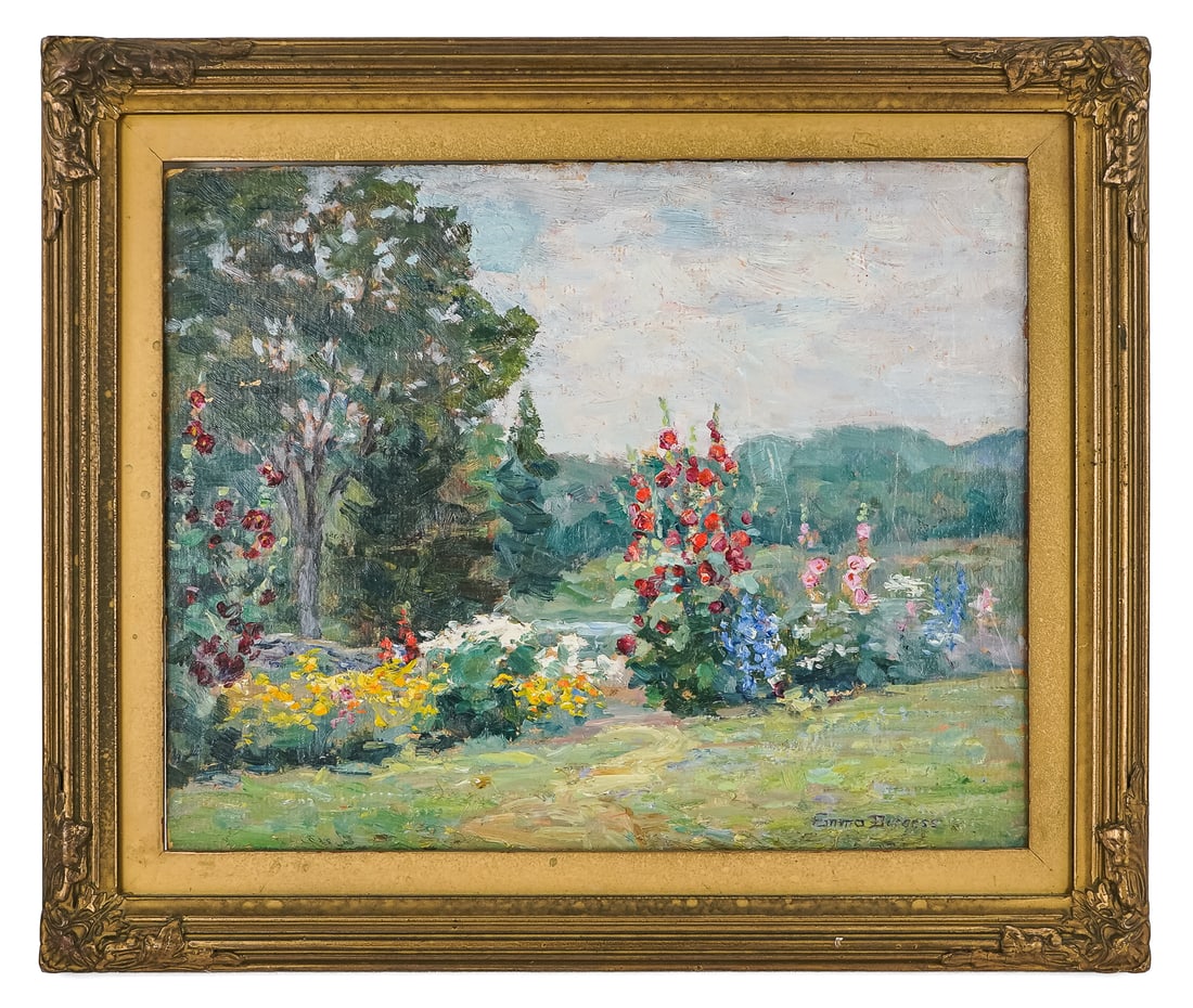 Emma Burgess (AM 1882-) Summer Hollyhocks: Emma Burgess (American 1882-) Summer Hollyhocks oil on board 12 x 15" 16 x 19" as framed.