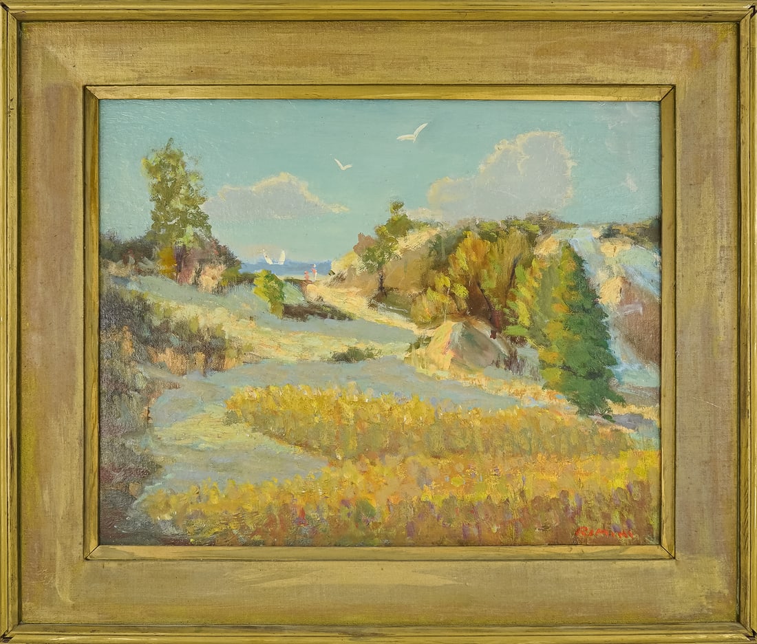 Joseph Rimini (MA 1920-2000) WIngearsheek Beach (sic): Joseph Rimini (Massachusetts 1920-2000) Wingaersheek Beach (sic) (Wingaersheek Beach, Gloucester MA,) - oil on board. signed lower right, signed and identified reverse- 16 x 20" 22 x 26" as framed. Ri