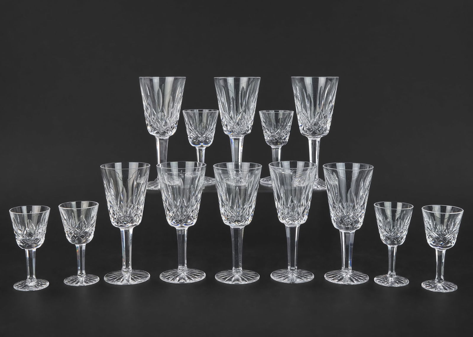 15 pcs. Waterford Lismore Irish Crystal Stemware: 15 pcs. Waterford "Lismore" Irish crystal stemware including 8 dessert wine goblets, and 7 cordial goblets 3.5", 5"