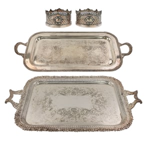 Pair of Sheffield Bottle Coasters, Two Trays