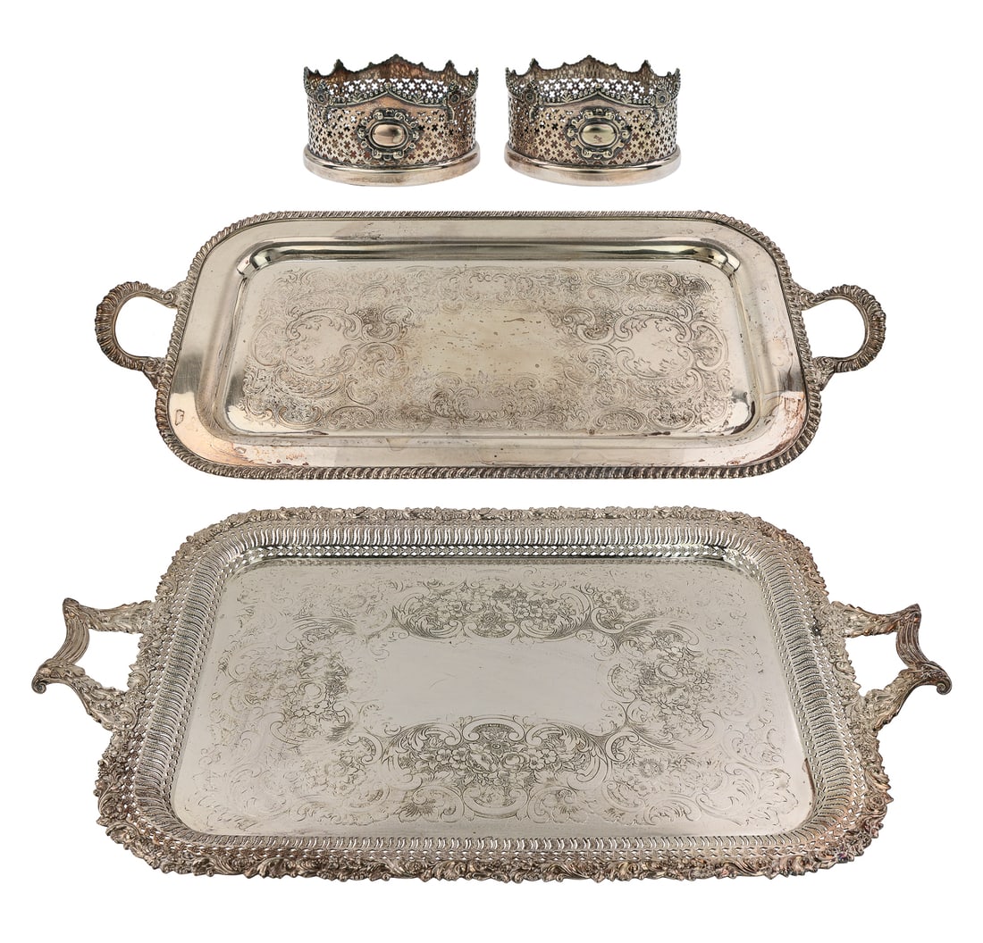 Pair of Sheffield Bottle Coasters, Two Trays (1 of 7)