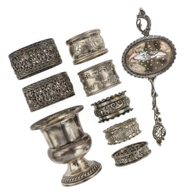 Sterling Tea Strainer, Urn and Napkin Rings