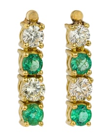 Diamond, Emerald, & Yellow Gold Drop Earrings