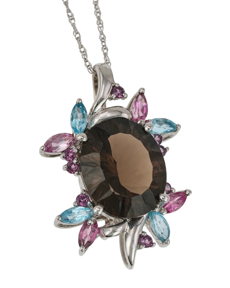 10K White Gold & Tanzanite Necklace: 10k white gold necklace with a pendant having an oval cut parti color tanzanite measuring 10mm x 12 mm and 4 marquise cut aquamarines and 4 pink tourmalines and 8 small pink tourmalines. 3.7 grams t.w