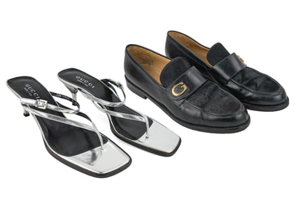 Gucci Silver Sandals, Black Loafers