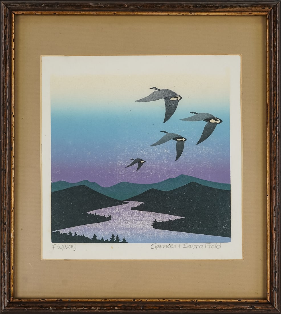Sabra Field (VT 1935-) Flyway: Sabra Field (Vermont 1935-) Flyway woodblock on paper 9 x 9" 15 x 14" as framed. Among the most highly lauded artists in the state, Field was named “an Extraordinary Vermonter” by Governor Mad