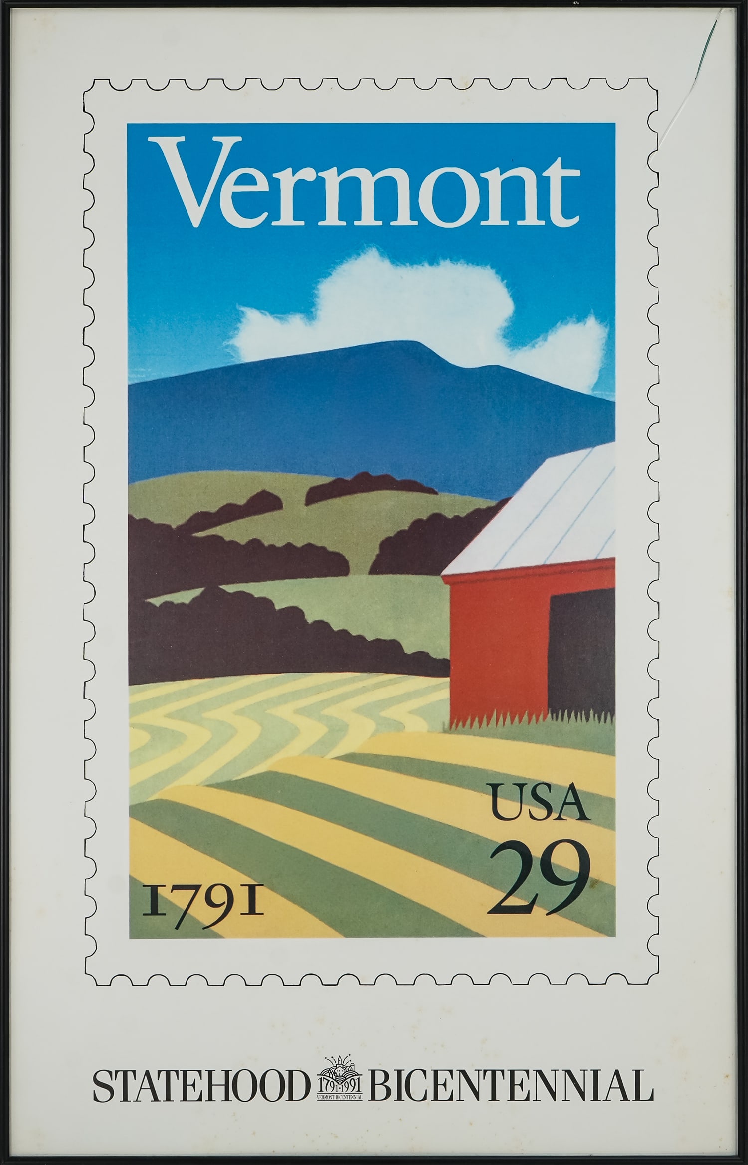 Sabra Field (VT 1935-) Statehood Bicentennial Poster: Sabra Field (Vermont 1935-) United State Postal Service- Vermont Statehood Bicentennial stamp poster - in modern poster frame, small crack in frame glass 30 x 19" Among the most highly lauded artists