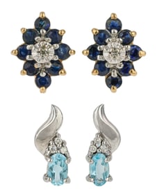 2 Pair Gold, Diamond, Sapphire, & Aquamarine Earrings