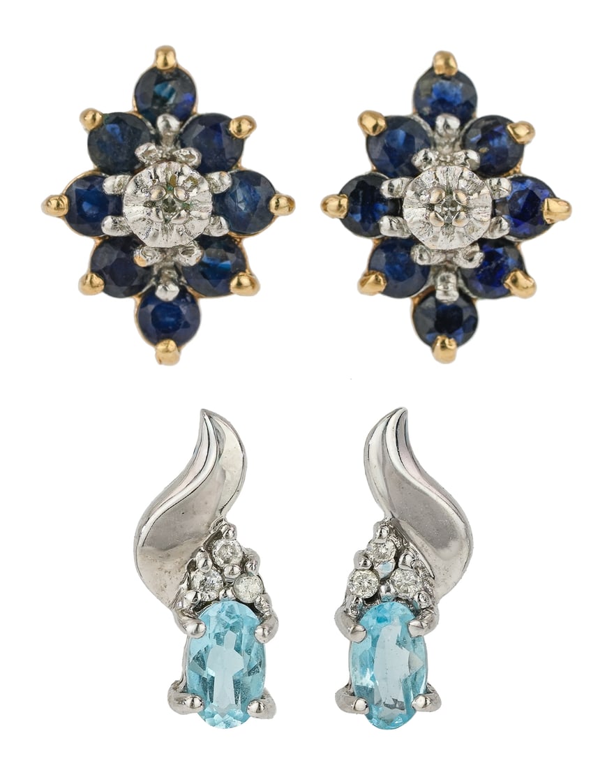 2 Pair Gold, Diamond, Sapphire, & Aquamarine Earrings (1 of 4)