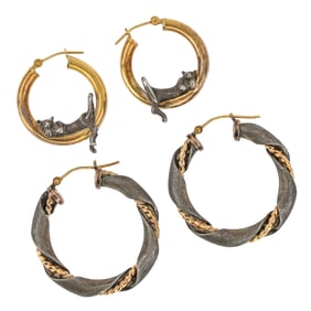 2 Pair Sterling & 10K Hoop Earrings
