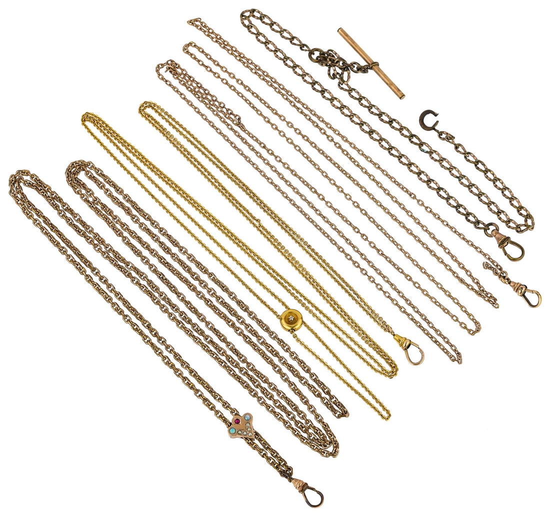 4 Vintage Pocket Watch Chains: 4 watch chains including 10k yellow gold round slide with a .04 ct round cut diamond center, and 4 vintage gold filled watch chains.