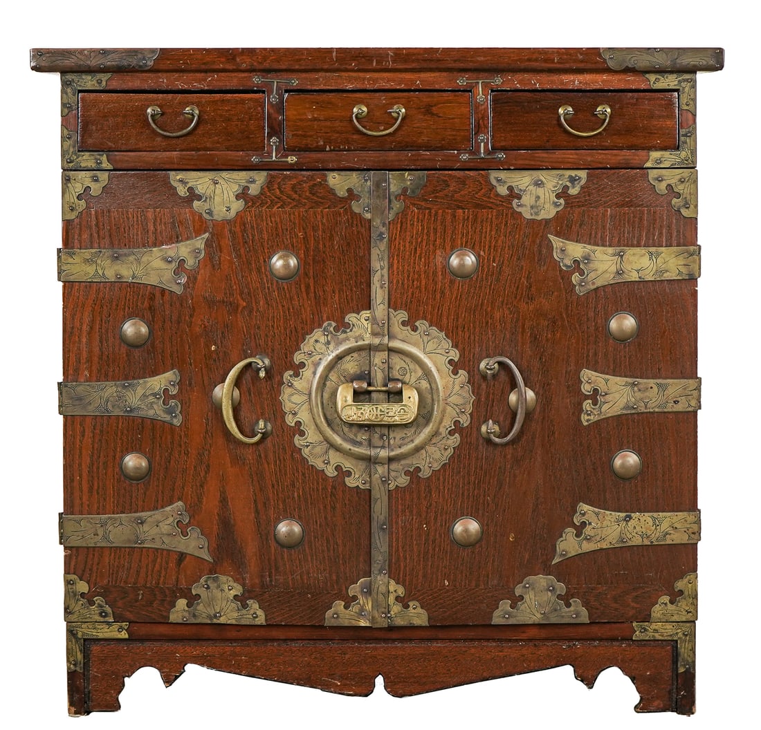 Korean Hardwood Cabinet: Korean hardwood cabinet, bound in brass, row of 3 drawers over 2 doors, 27" x 15" x 27"