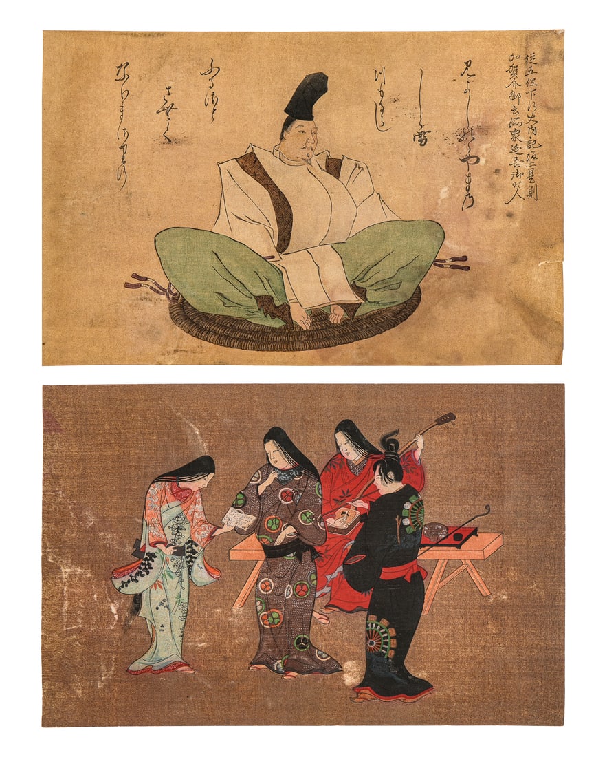 Japanese Ukiyo-e Woodblock Prints: Two 19th c Japanese Ukiyo-e woodblock prints (2 pcs), Keisai Eisen "Noble Musicians", sold with Totoya Hokkei "The Poet Sumiyoshi Myojin", both 8" x 12"