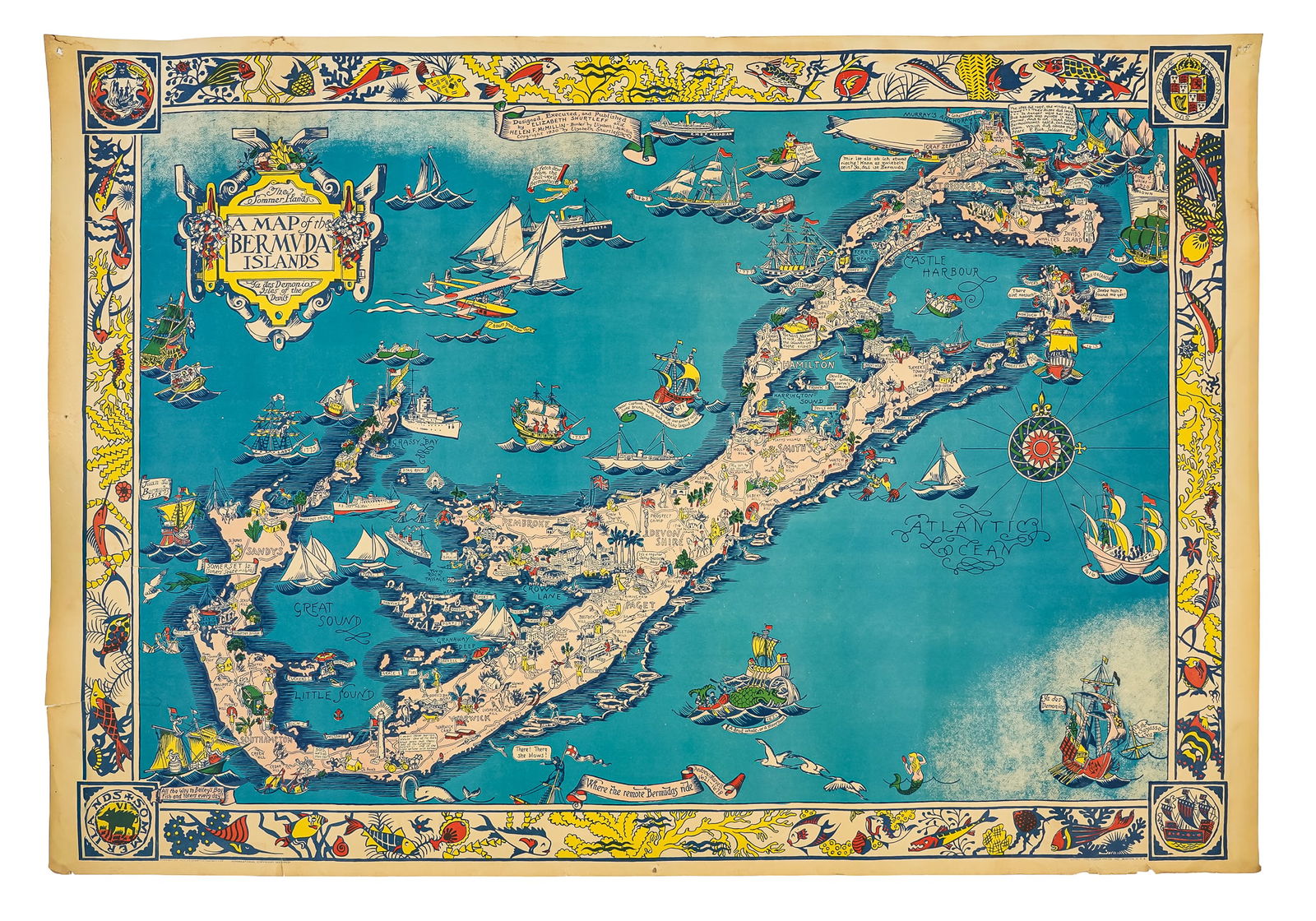Elizabeth Shurtleff and Helen McMillan- Map of Bermuda: Elizabeth Shurtleff and Helen McMillan-1930 Map of Bermuda - Lithograph on paper Tudor Press 25 x 36" toning, 3" tear on margin- Promoting tourism and highlighting Bermuda history and recreation, this