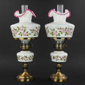 Pair of Fenton Floral hand painted Lamps