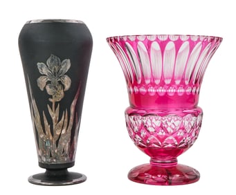 Onyx Overlay and Cranberry Cut to Clear Vases