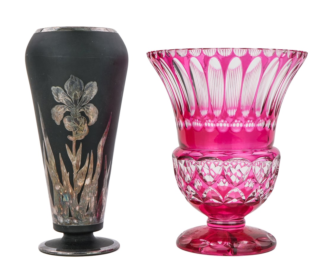 Onyx Overlay and Cranberry Cut to Clear Vases (1 of 6)