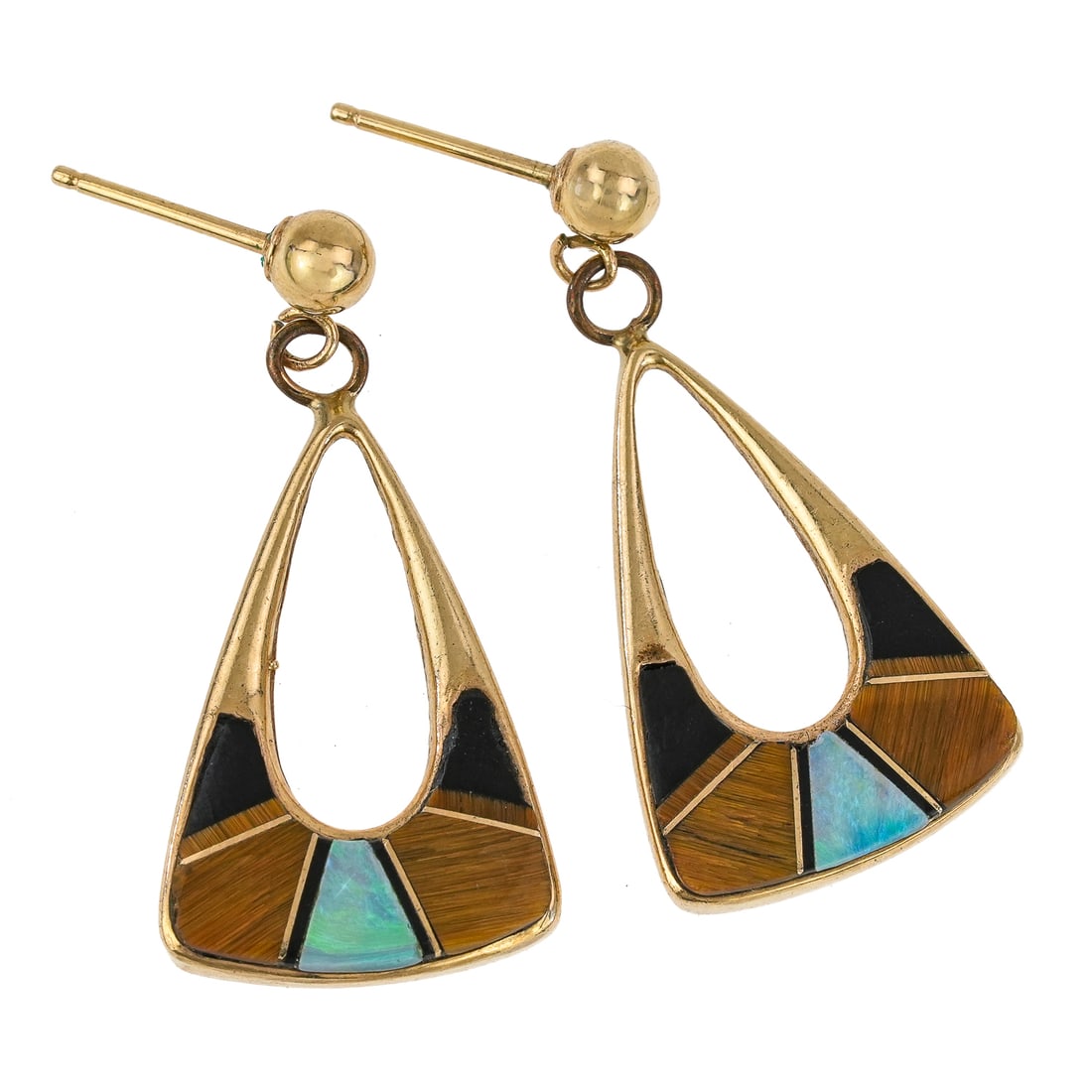 Pair Carl Bucherer 14k & Stone Earrings: Attributed to Carl Bucherer, 14k yellow gold triangular earrings each with inlaid panels of onyx, opal, and catseye. 1" long. 5.2 grams t.w.