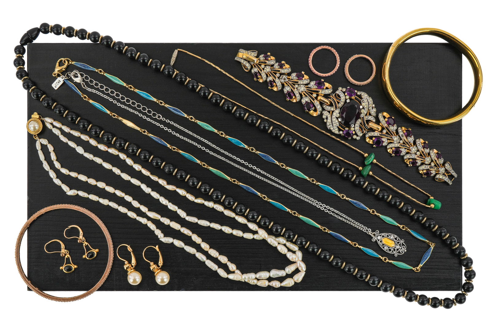 Fine Costume Jewelry: A group of fine costume jewelry including gilt silver & enamel chain. Freshwater pearl necklace. Ornate 1960's bracelet and more.