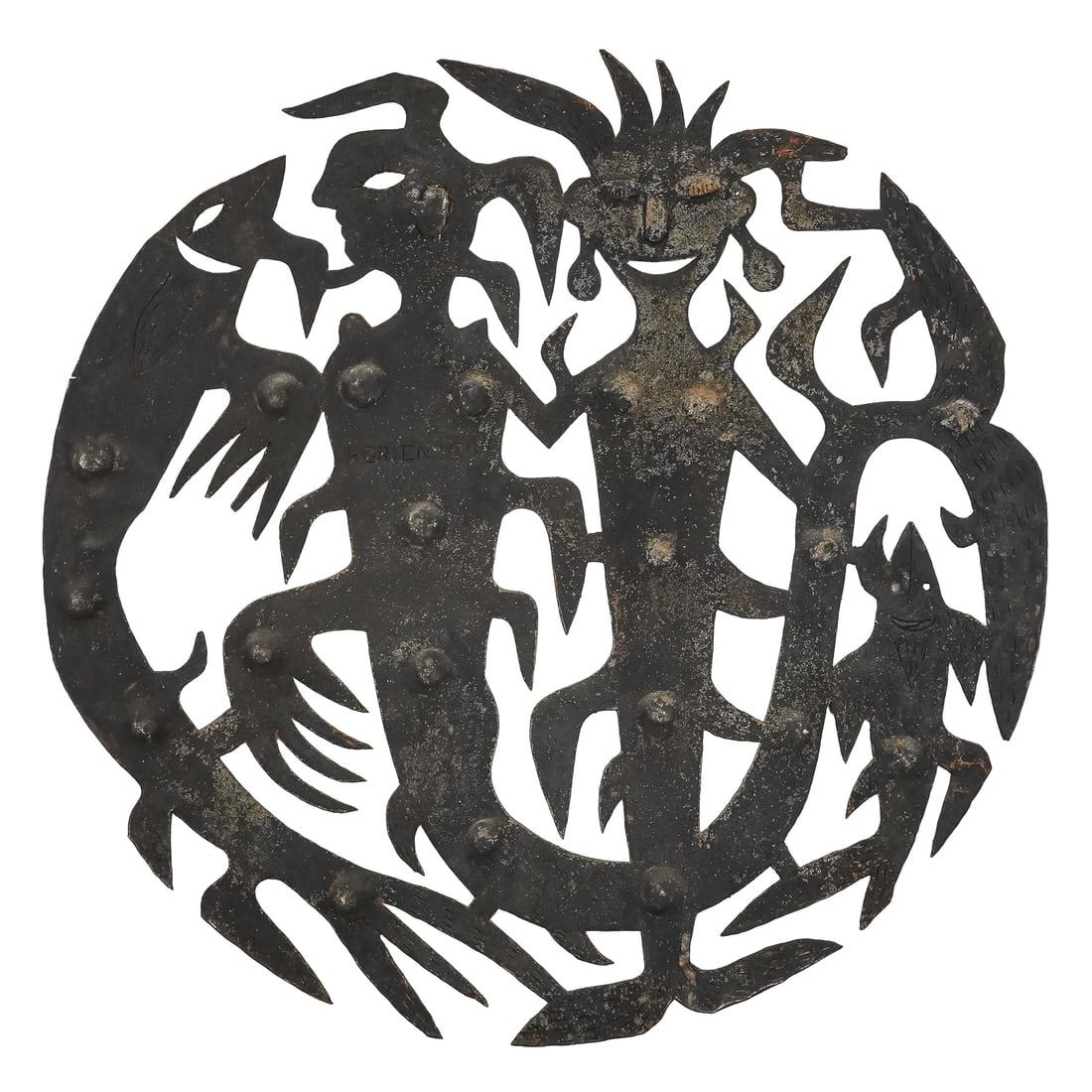 Adrien Louis Haitian Sculpture: Mid 20th c Haitian patinated metal sculpture signed Adrien Louis, some flaking, diameter 24"