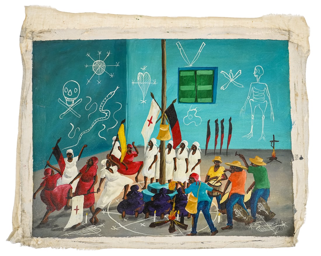 Haitian Vodou Oil Painting: Oil on canvas Haitian Vodou, dance, flag pole, drums, snakes, skeletons, fire, and floor drawings. Signed and dated 83. 12" x 16". No stretchers, not framed.