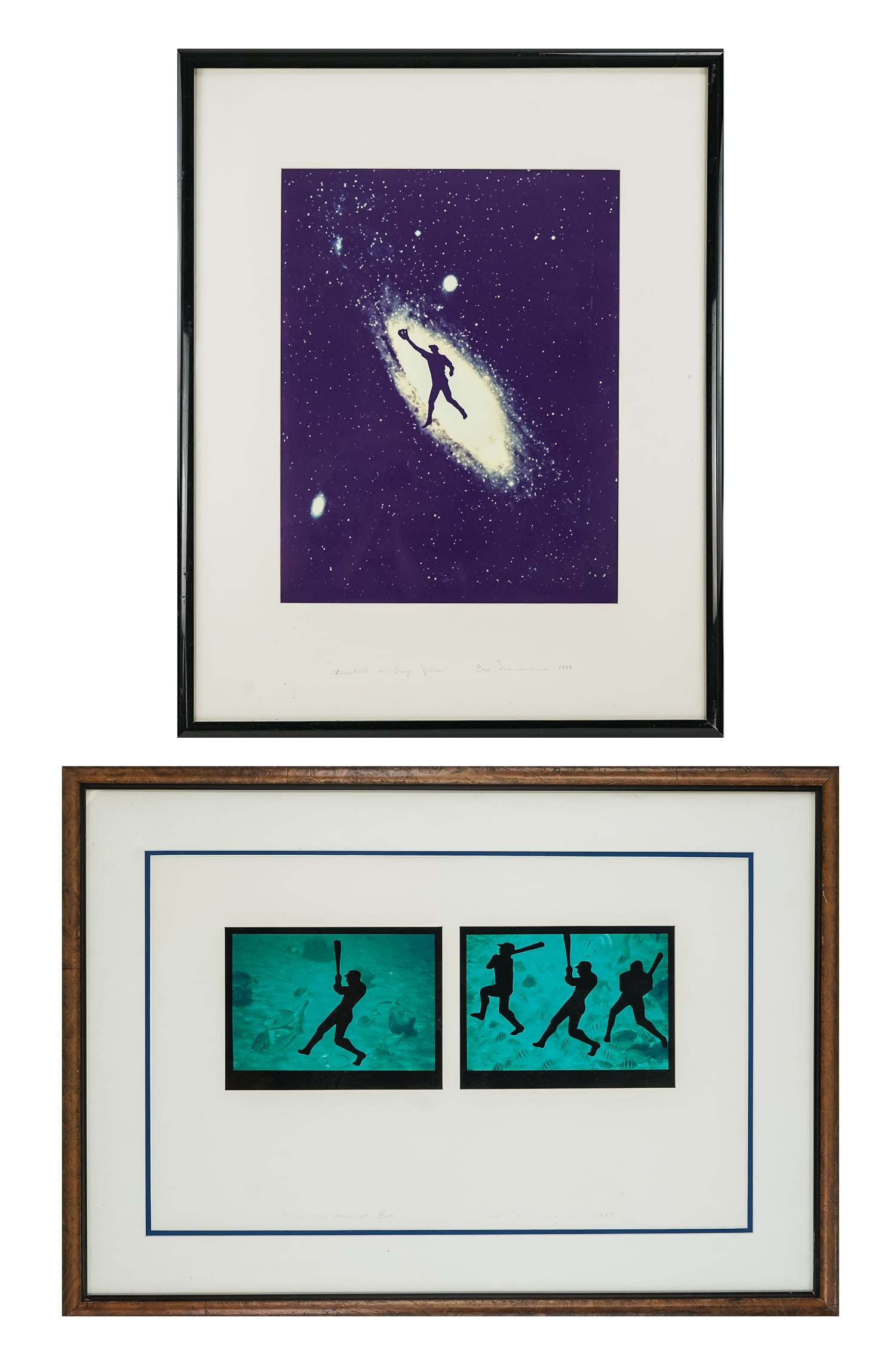 Eve Sonneman (AM 1946-) Two Works: Eve Sonneman (American 1946-) Fish and Men at Bat 1987 Lithograph on paper 2 images 7 x 9" 25 x 35" as framed. and Baseball in Deep Space 1988 lithograph on paper 25 x 20" 40 x 32" as framed. both sig