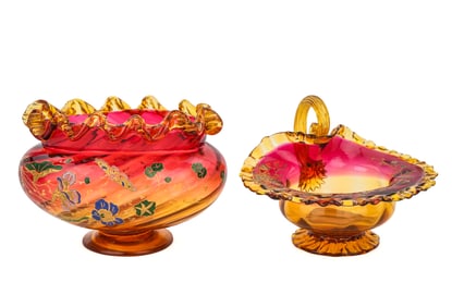 Two Amberina Enamel Decorated Art Glass Bowls
