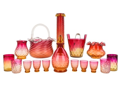 Collection of 16 Victorian Amberina Glass Items