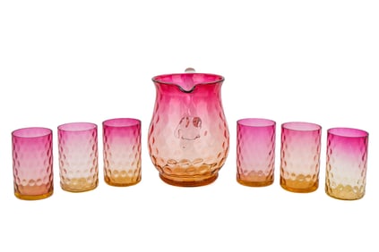 Amberina Thumbprint Pitcher and 6 Tumblers