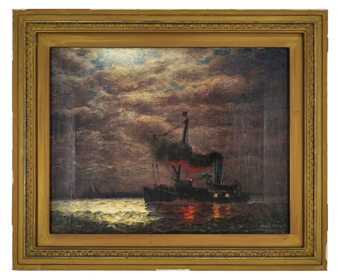 James Gale Tyler (AM 1855-1931) Tugboat At Dusk: James Gale Tyler (American 1855-1931) Tugboat at Dusk oil on canvas signed lower right 11 x 14" 14.5 x 17.5" as framed. Tyler was basically self-taught. Drawn to the world of sailing, Tyler became one