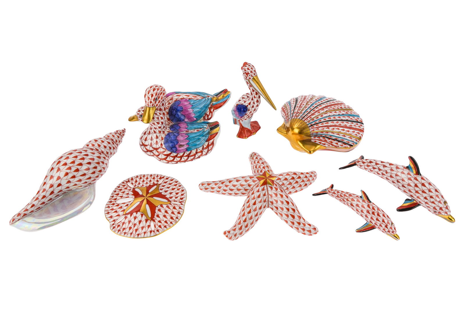 8 Herend Red Fishnet Porcelain Animal Figurines (1 of 8)