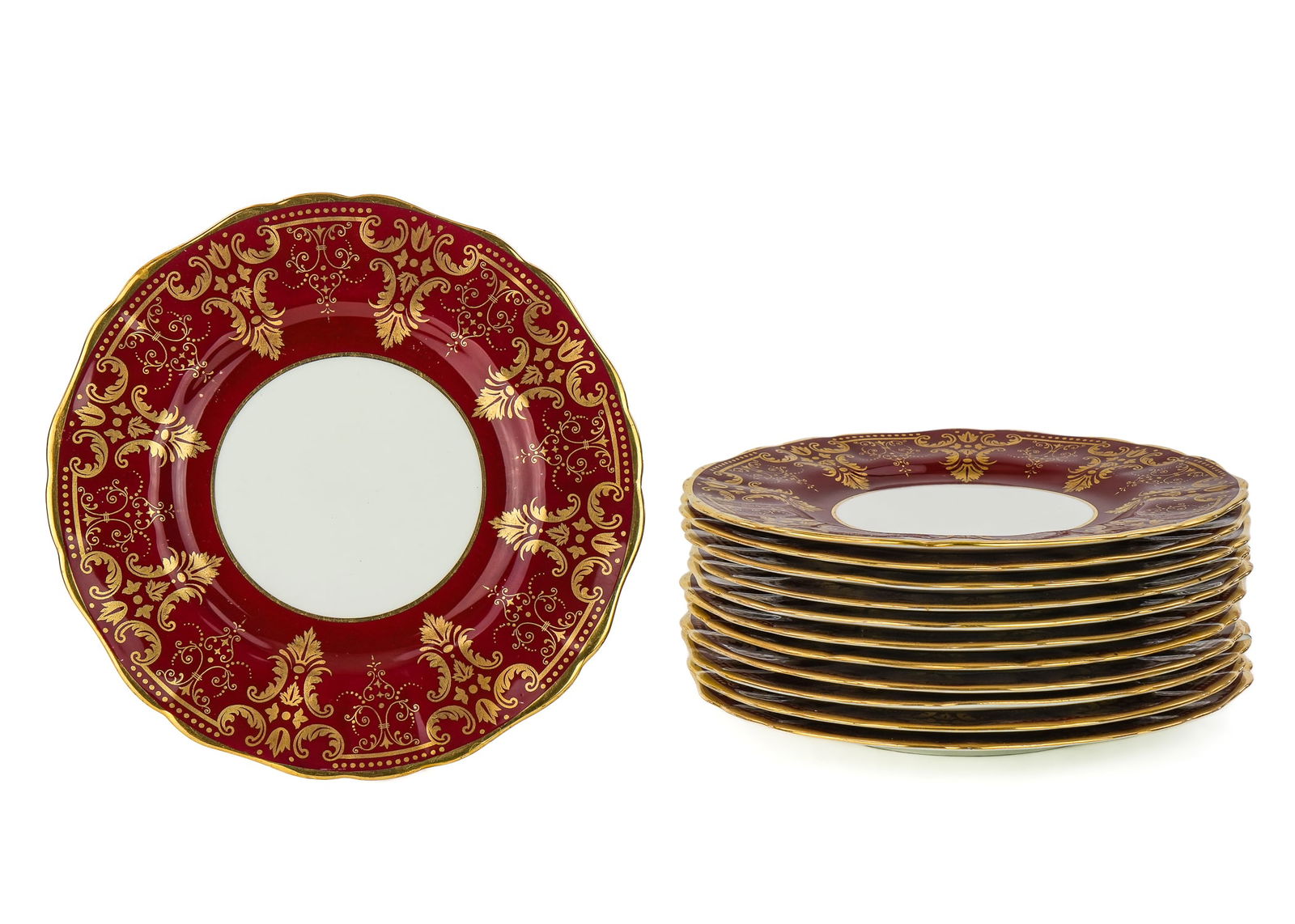 11 Cauldon Maroon and Gilt Porcelain Plates: Cauldon maroon and gold gilt porcelain 8 3/4" plates (11 pcs)