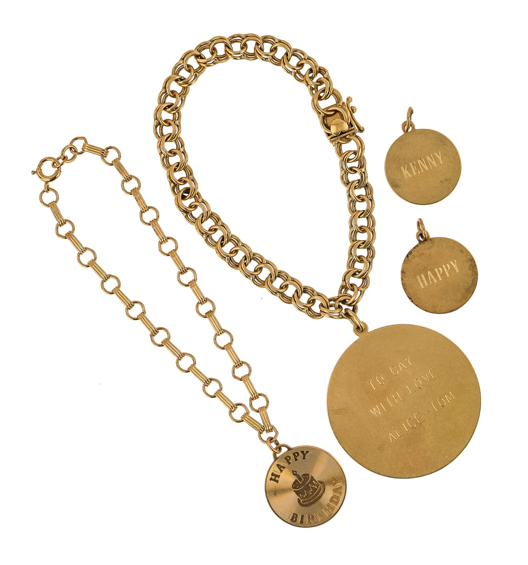 14k Yellow Gold Charm Bracelets: 2 14k yellow gold chain charm bracelet with 4 engraved round charms. 36.6 grams t.w.