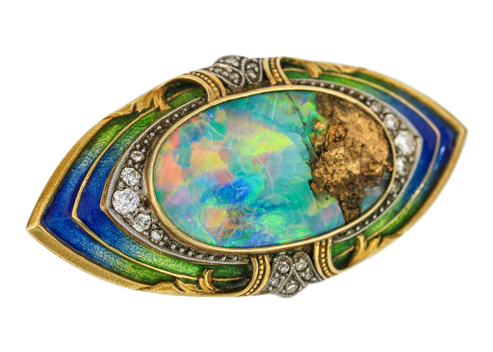 Marcus 14k Art Nouveau Opal, Enamel, & Diamond Brooch (1 of 4)