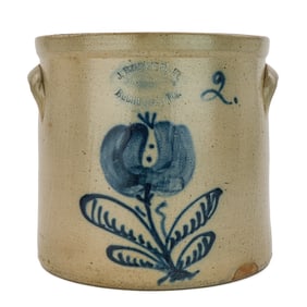 J Burger Jr Rochester Blue Decorated Crock