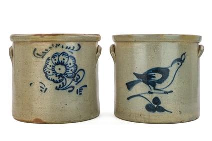 Two Blue Decorated Stoneware Crocks