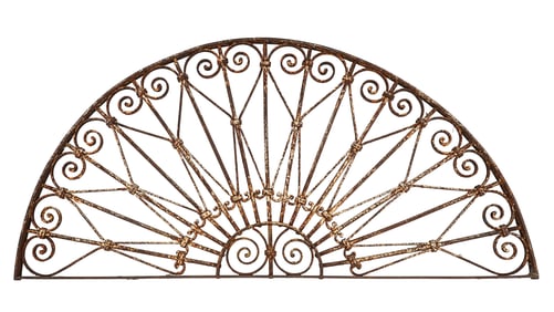 19th c wrought iron demilune window grate