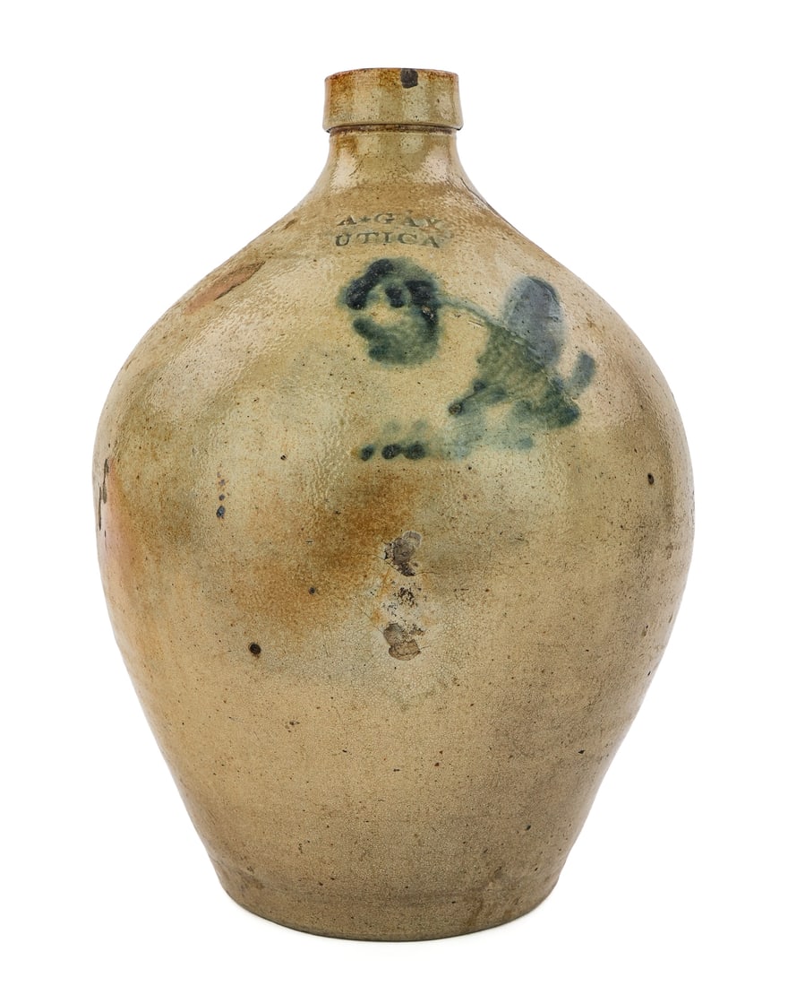 19th c A Gay, Utica, NY Ovoid Jug: Rare A Gay, Utica, NY 1 gallon blue decorated ovoid jug, small nick on rim, ht 11 1/2"