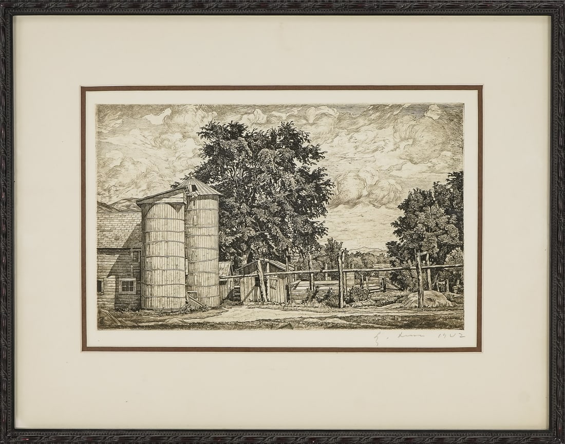 Luigi Lucioni (VT 1900-1988) Silos: Luigi Lucioni (Vermont 1900-1988 ) Silos engraving on paper signed lower margin dated 1942, Likely published by Associated American Artists - plate 7.5 x 12" 14 x 18" as framed. Lucioni was an Italian