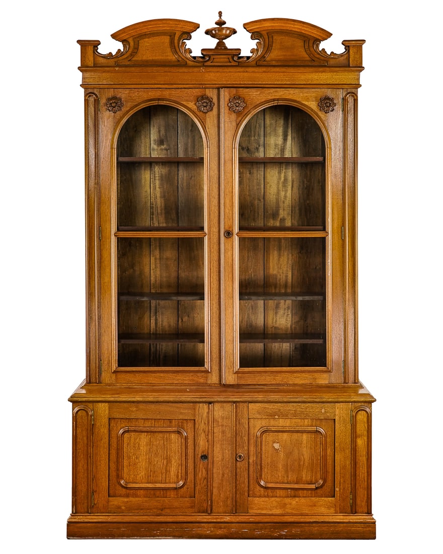Monumental Victorian Walnut Bookcase: Monumental Victorian Walnut bookcase Two glazed doors over two regular doors, in two pieces. 100 x 58 x 19"