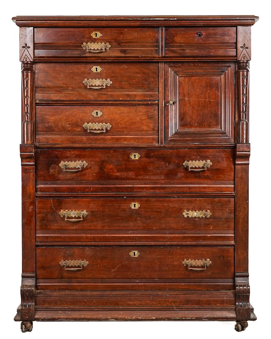 19th c Eastlake Walnut Gentleman's Tall Chest: 19th c Eastlake walnut gentleman's tall chest. check in top 50 x 38 x 20"