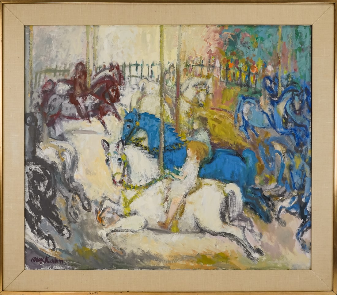 Max Kahn (AM 1903-2005) Flying Horses: Max Kahn (American 1903-2005) Flying Horses oil on canvas signed lower left 34 x 40" 41 x 47" as framed. Kahn was head of Chicago’s WPA Art Print Department with Eleanor Coen at the Art Institute of