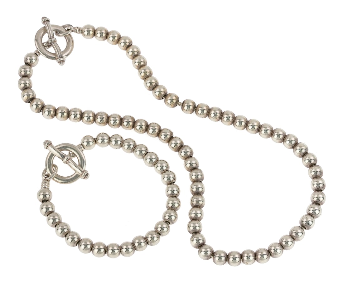 Sterling Bead Necklace and Bracelet: A sterling bead necklace and bracelet, 18" long necklace, and 8 1/2" bracelet. Italy 925. 8 mm diameter beads.