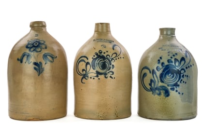 Three 19th c Blue Decorated Jugs