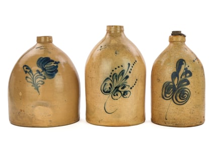 Three 19th c Blue Decorated Jugs