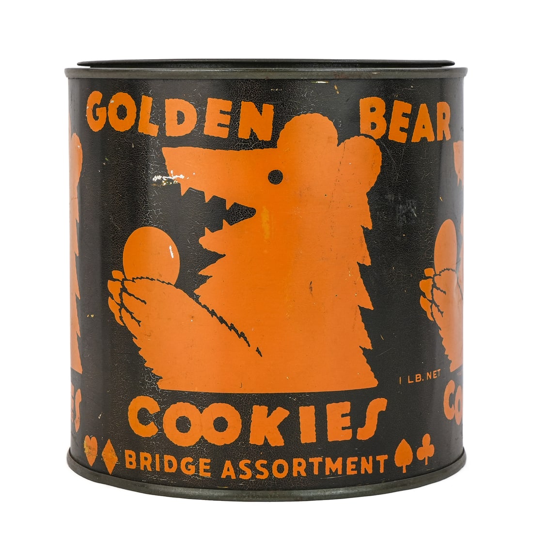 Golden Bear Cookies Tin: Rare Golden Bears Cookies tin, "Bridge Assortment", diameter 5 1/2", ht 5 1/2"
