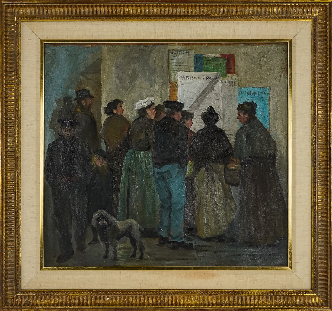 Carle Michel Boog (AM 1887-1967) The Notice: Carle Michel Boog (American 1887-1967) The Notice - Paris street scene painted 1907 oil on canvas signed lower right - 21.5 x 23.5" 30 x 31" as framed. ex Good and Hutchinson Associates Tolland Mass.