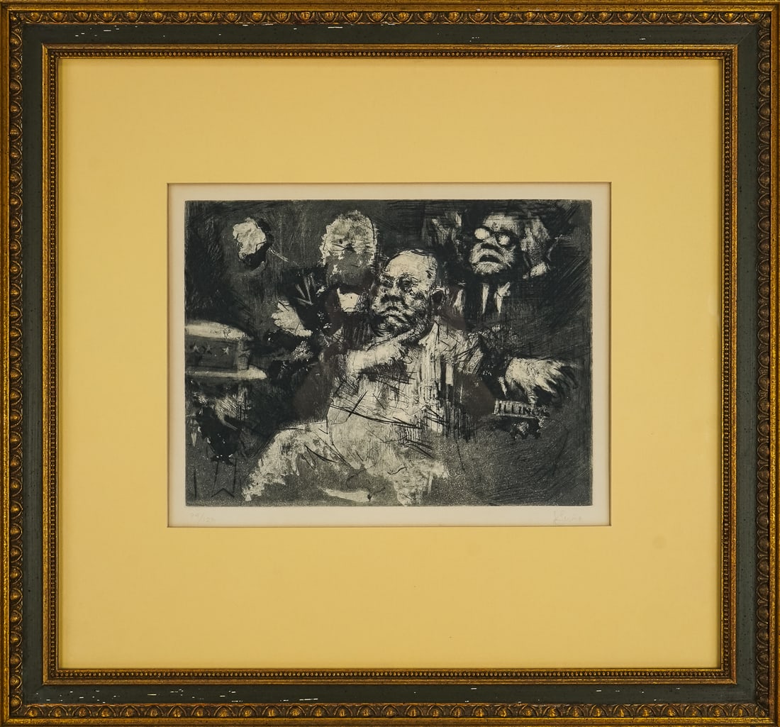 Jack Levine (AM 1915-2010) Election Night: Jack Levine (American 1915-2010) Election Night engraving and aquatint on paper plate 9 x 12" 21 x 22" as framed. - Levine studied with Harold Zimmerman and Denman Ross while still a teenager, and his